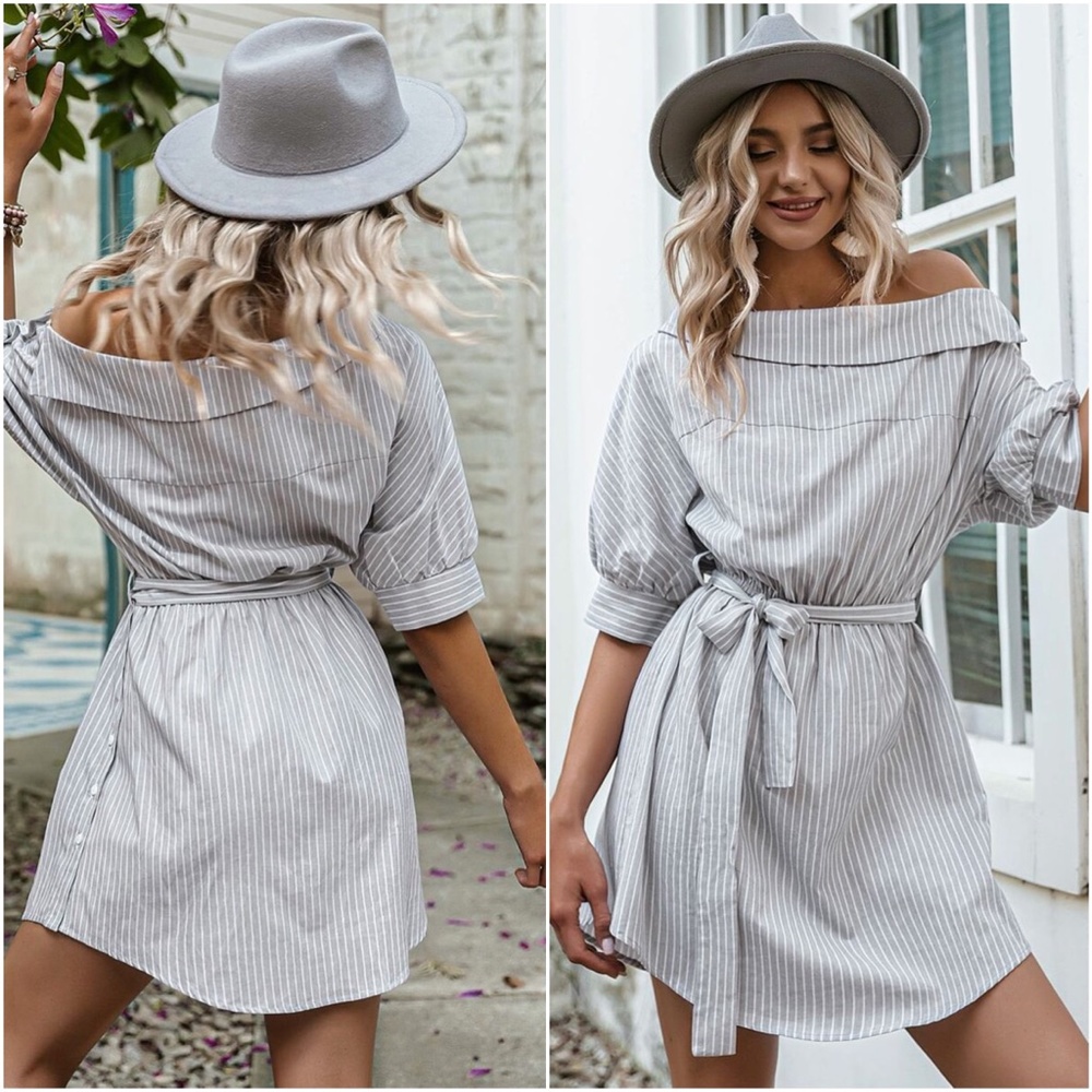 off shoulder striped belted button Blue dress - Picture 5 of 11